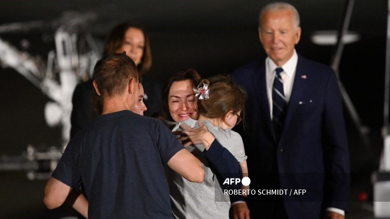 Biden, Harris greet US prisoners released in huge swap with Russia